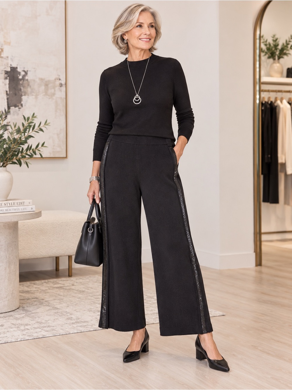 ST JOHN EVENING WIDE LEG KNIT TROUSERS PANT SEQUIN TRIM ELASTIC WAIST SIZE 14